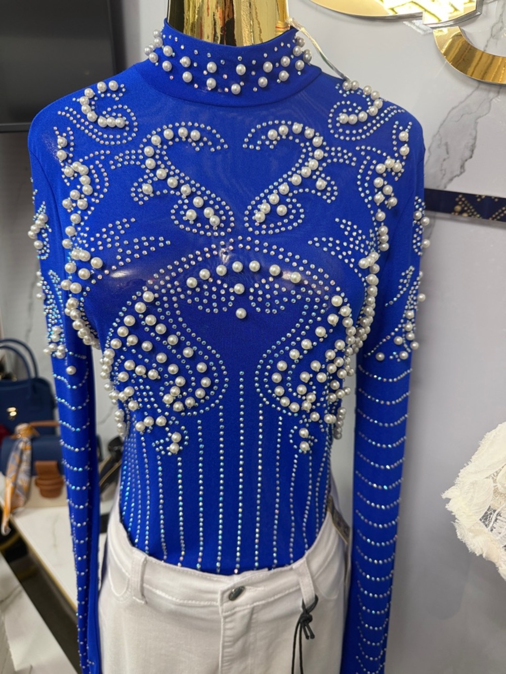 Pearl & Rhinestone Embellished Royal Blue High-Neck Bodysuit
